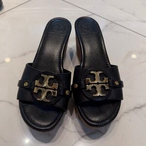 Tory Burch Black and Gold Slide Sandals